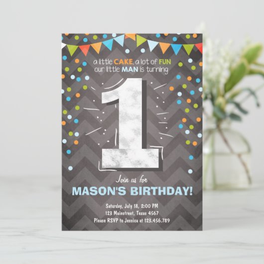 Eerste Verjaardag Uitnodiging jongen One Chalk Gro (Staand voorkant)