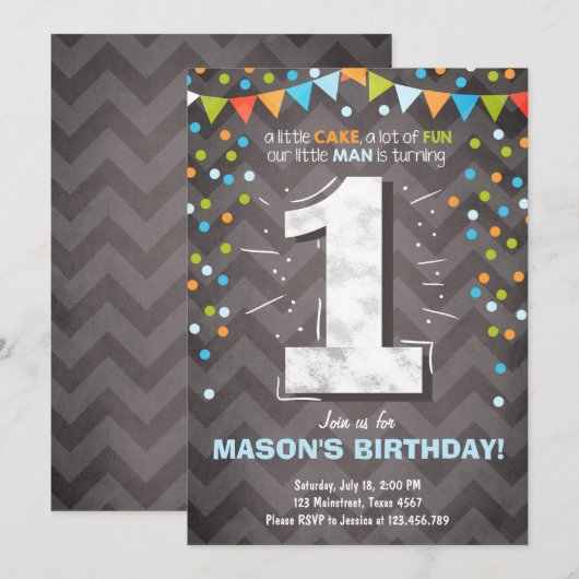 Eerste Verjaardag Uitnodiging jongen One Chalk Gro (Voorkant / Achterkant)