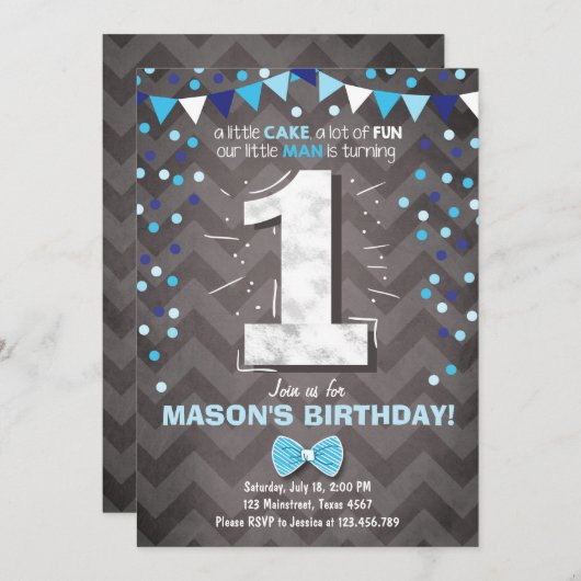 Eerste Verjaardag Uitnodiging Jongen One Navy Blue (Voorkant / Achterkant)