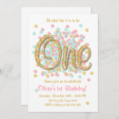 Eerste verjaardag uitnodiging Meisje Roze Gouden M (Voorkant / Achterkant)