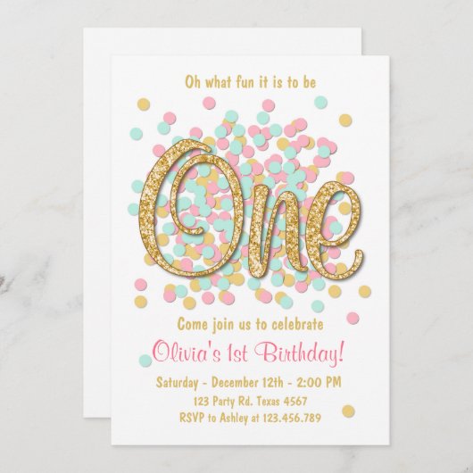 Eerste verjaardag uitnodiging Meisje Roze Gouden M (Voorkant / Achterkant)