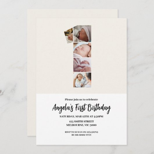 Eerste verjaardag uitnodiging - nummer 1 (Voorkant / Achterkant)