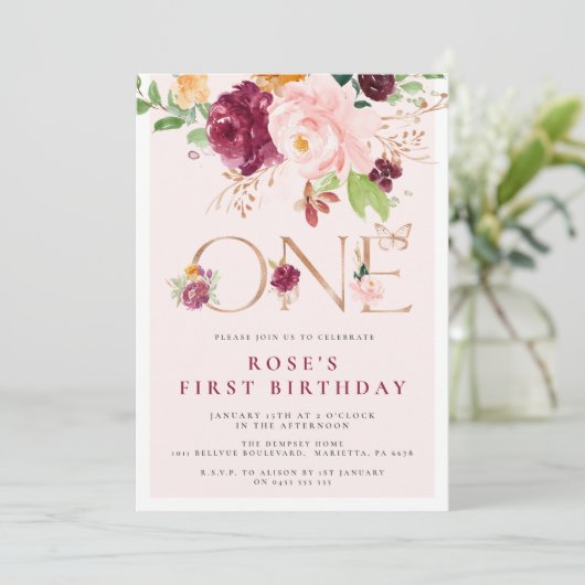 Eerste verjaardag Uitnodiging saffron Roos Butterf (Staand voorkant)