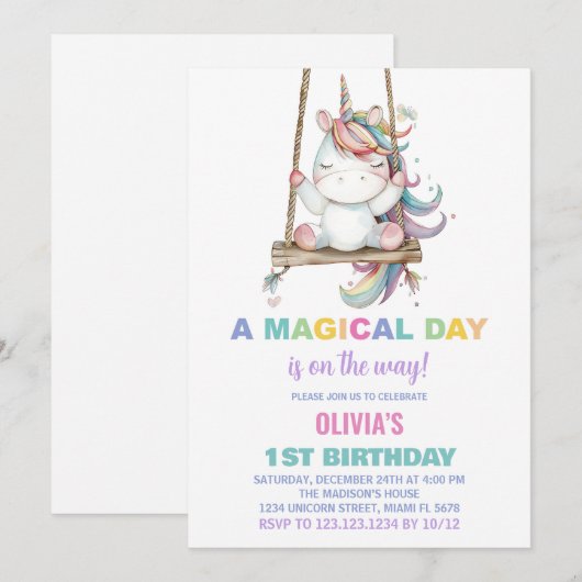 Eerste verjaardag Unicorn Verjaardag Uitnodigingen (Voorkant / Achterkant)