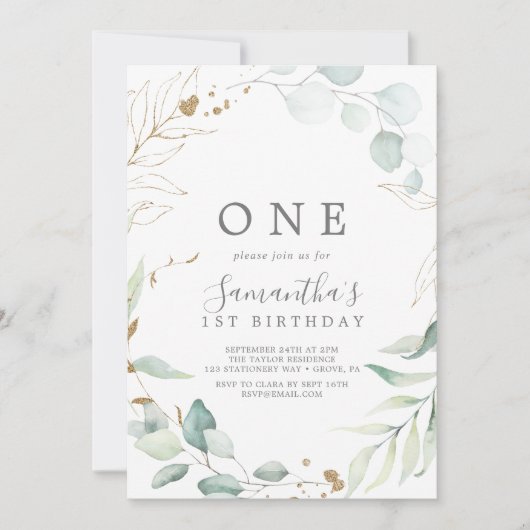 Eerste verjaardag van Airy Greenery en Gold Leaf Kaart (Voorkant)