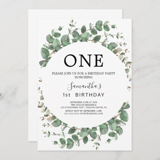 Eerste verjaardag van Airy Greenery en Gold Leaf Kaart (Voorkant / Achterkant)