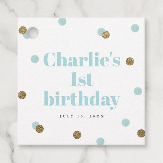 Eerste verjaardag van Aqua Blue en Gold Bedankjes Labels (Voorkant)