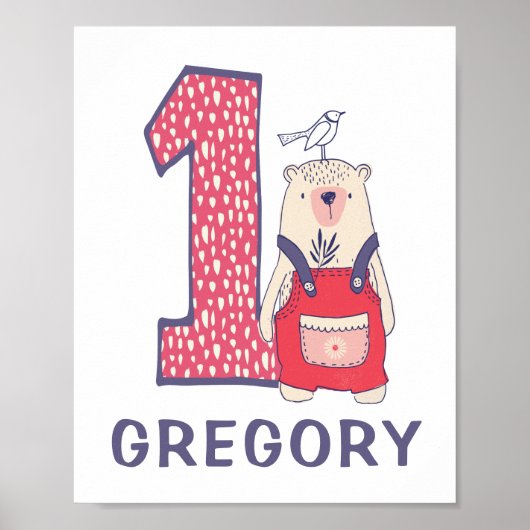 Eerste verjaardag van beer met naam poster (Voorkant)
