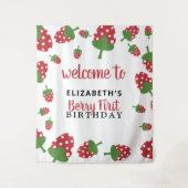 Eerste verjaardag van Berry Cute Strawberry Achter Wandkleed (Voorkant)