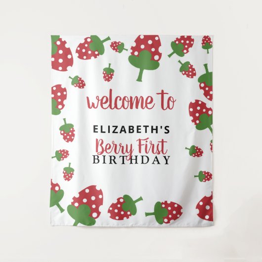 Eerste verjaardag van Berry Cute Strawberry Achter Wandkleed (Voorkant)