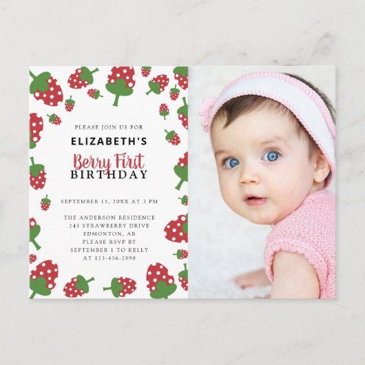 Eerste verjaardag van Berry Cute Strawberry Foto U Briefkaart (Voorkant)