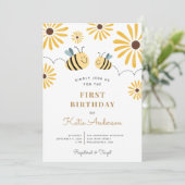 Eerste verjaardag van Chic Yellow Bee and Sunflowe Kaart (Staand voorkant)