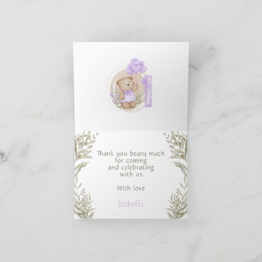 Eerste verjaardag van Cute Teddy Bear Heart Balloo Bedankkaart (Binnen)