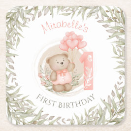 Eerste verjaardag van Cute Teddy Bear Heart Balloo Kartonnen Onderzetters