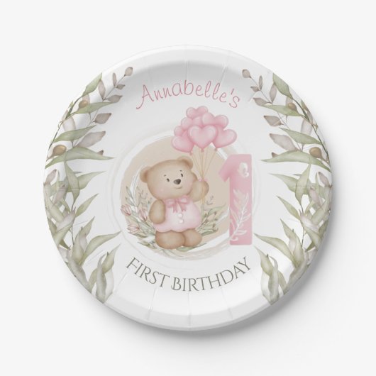 Eerste verjaardag van Cute Teddy Bear Heart Balloo Papieren Bordje (Voorkant)