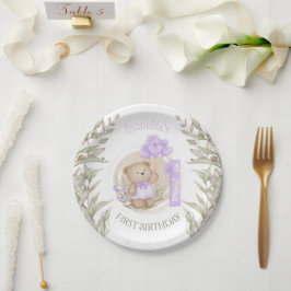 Eerste verjaardag van Cute Teddy Bear Heart Balloo Papieren Bordje