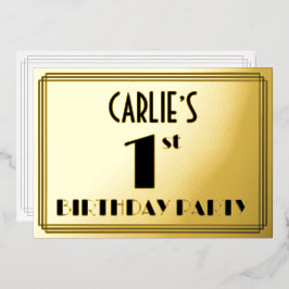 Eerste verjaardag van de Art Deco Kijk "1" + Naam Folie Uitnodiging