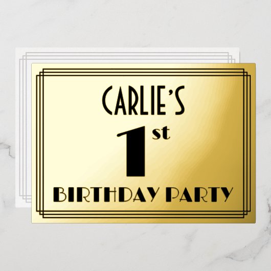 Eerste verjaardag van de Art Deco Kijk "1" + Naam Folie Uitnodiging (Voorkant / Achterkant)