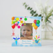 Eerste verjaardag van de blauwe ballon kaart (Staand voorkant)