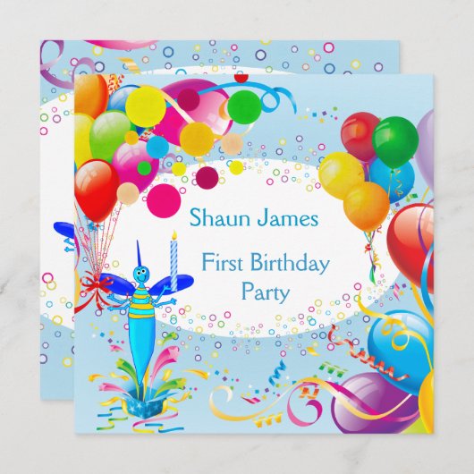 Eerste verjaardag van de blauwe ballon van 1 jonge kaart (Voorkant / Achterkant)