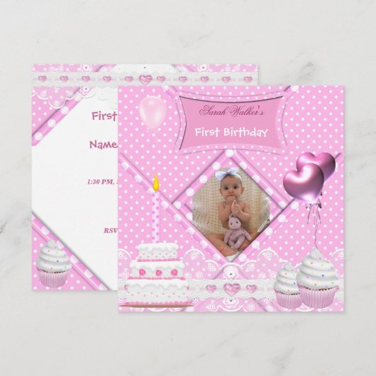 Eerste verjaardag van de eerste bevalling: Roze cu Kaart (Voorkant / Achterkant)