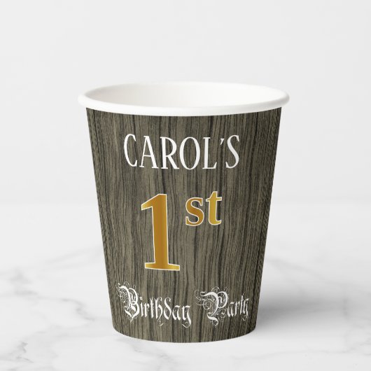 Eerste verjaardag van de Faux Gold & Faux Wood Zie Papieren Bekers (Voorkant)