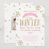 Eerste verjaardag van de gouden en Roze winter One Kaart (Voorkant / Achterkant)