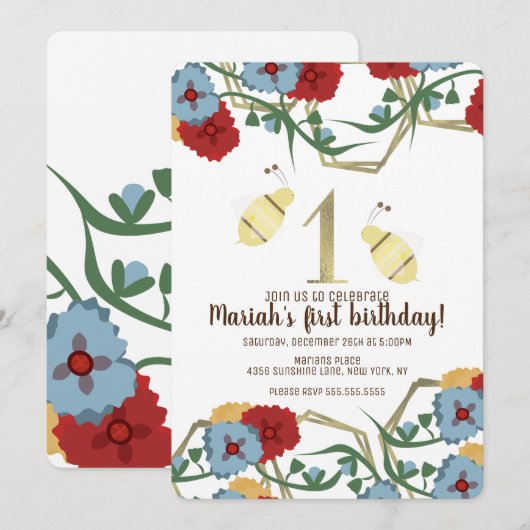 Eerste verjaardag van de kleurrijke Floral en de b Kaart (Voorkant / Achterkant)