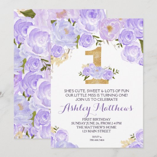 Eerste verjaardag van de mooie Florale uitnodiging (Voorkant / Achterkant)