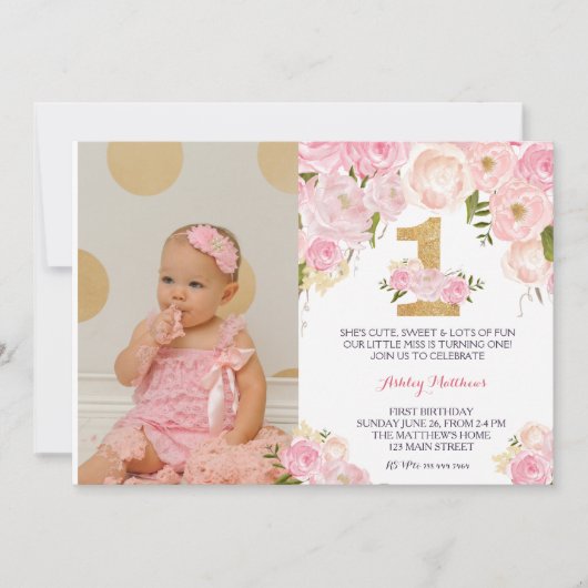 Eerste verjaardag van de mooie Florale uitnodiging (Voorkant)