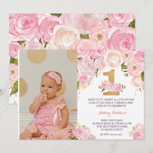 Eerste verjaardag van de mooie Florale uitnodiging (Voorkant / Achterkant)