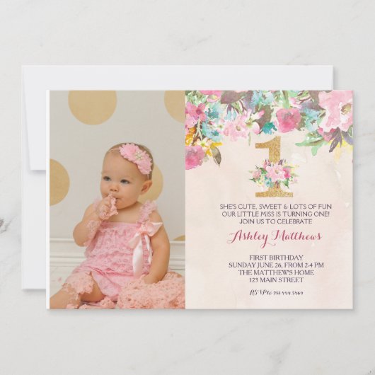 Eerste verjaardag van de mooie Florale uitnodiging (Voorkant)