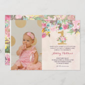 Eerste verjaardag van de mooie Florale uitnodiging (Voorkant / Achterkant)