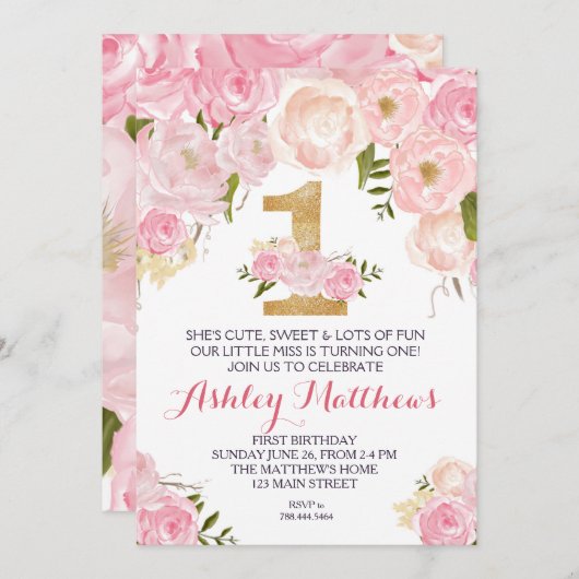 Eerste verjaardag van de mooie Florale uitnodiging (Voorkant / Achterkant)