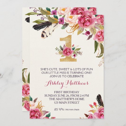 Eerste verjaardag van de mooie Florale uitnodiging (Voorkant / Achterkant)
