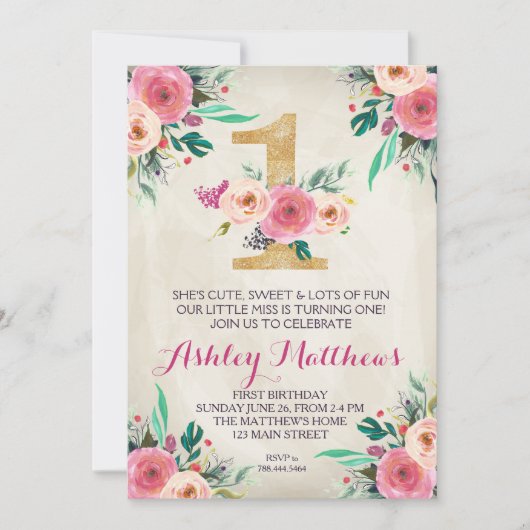 Eerste verjaardag van de mooie Florale uitnodiging (Voorkant)