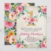 Eerste verjaardag van de mooie Florale uitnodiging (Voorkant / Achterkant)