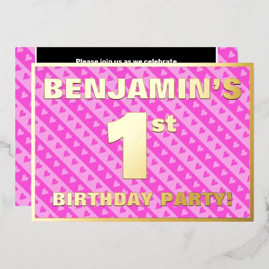 Eerste verjaardag van de partij Fun Pink Hearts an Folie Uitnodiging (Voorkant / Achterkant)