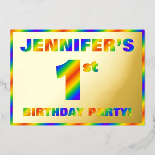 Eerste verjaardag van de partij Fun, regenboogspec Folie Uitnodiging (Voorkant)