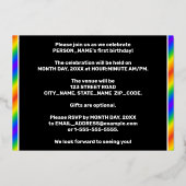 Eerste verjaardag van de partij Fun, regenboogspec Folie Uitnodiging (Achterkant)