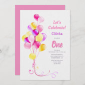 Eerste verjaardag van de roze ballonpartij Birthda Kaart (Voorkant / Achterkant)