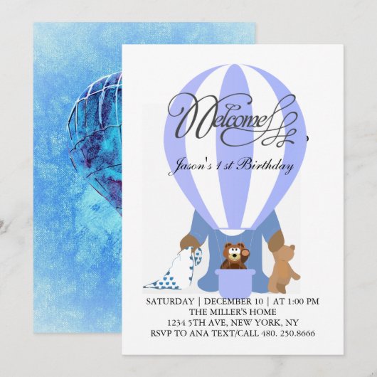 Eerste verjaardag van de wereld van blauwe ballonn kaart (Voorkant / Achterkant)