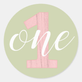 Eerste verjaardag van één dag Groen en Roze hout Ronde Sticker