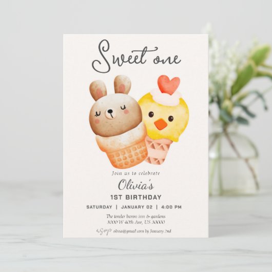 Eerste verjaardag van een zoete ijsje kaart (Staand voorkant)