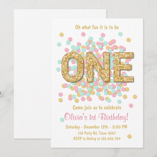 Eerste verjaardag van Girl Pink Gold Munt Kaart (Voorkant / Achterkant)