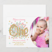 Eerste verjaardag van Girl Pink Gold Munt Kaart (Voorkant / Achterkant)