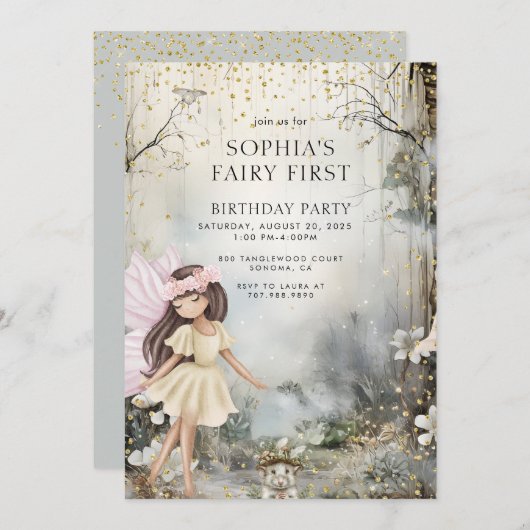 Eerste verjaardag van het feeënmeisje betoverd bos kaart (Voorkant / Achterkant)