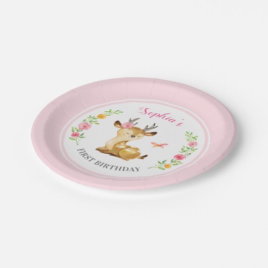 Eerste verjaardag van het gepersonaliseerde roze m papieren bordje (Gekanteld)