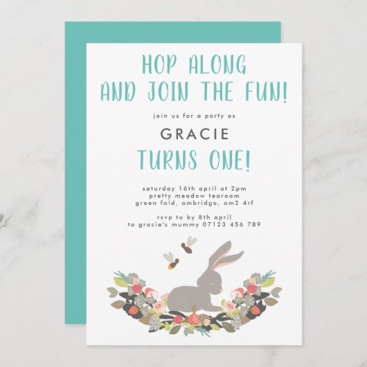Eerste verjaardag van het konijnenfeest kaart (Voorkant / Achterkant)