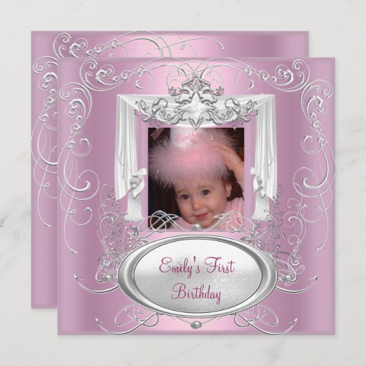 Eerste verjaardag van het meisje roze zilver ster kaart (Voorkant / Achterkant)